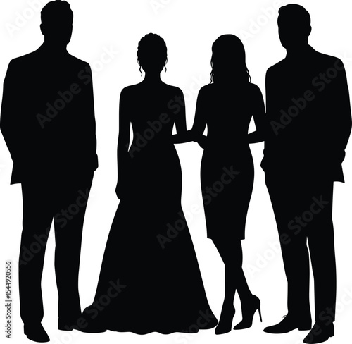 Silhouette of formal group at wedding event, elegant fashion, bride in gown, groom and guests, celebration pose, party gathering, evening dress, isolated vector illustration