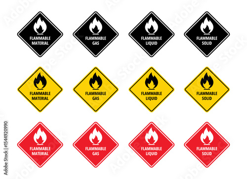 Set of Warning sign for flammable liquids. flammable material. flammable gas. flammable solid.