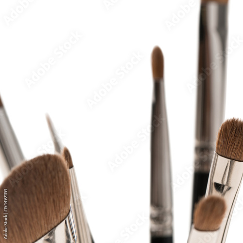 Close up view of various makeup brushes on a white background