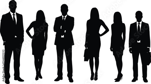 Silhouette group of business professionals, men and women in formal office attire, standing poses, corporate team concept, leadership, partnership, businesspeople, isolated on white background