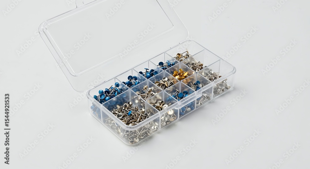 Push pin box isolated on white background, clear plastic storage, organized pins, top-down view, Push pin box isolated on white background, clear plastic storage, organized pins, top-down view,