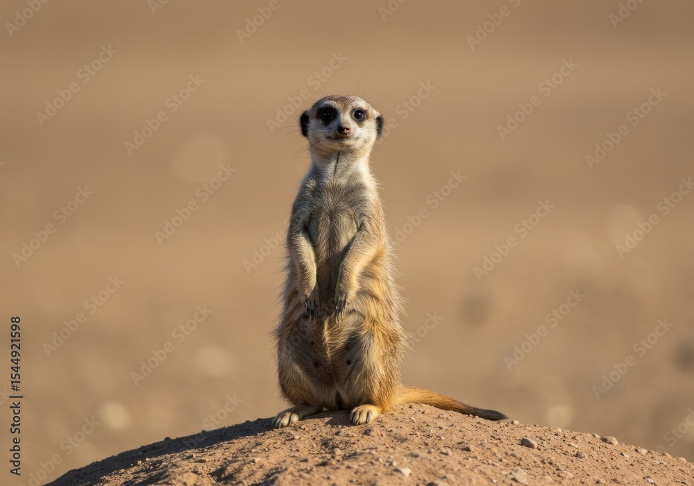 Fototapeta premium Alert meerkat standing on a mound in a desert landscape, observing surroundings