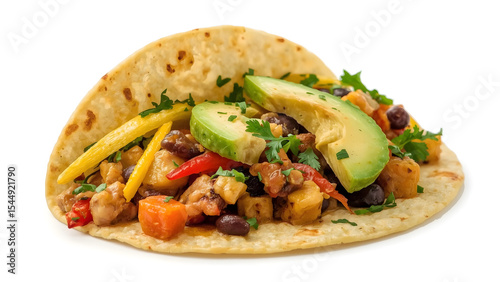 Close-up image showcasing two delicious black bean tacos with tomatoes, avocado, and cilantro toppings. Perfect for food blogs, menus, and social media posts.