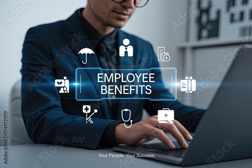 Businessman reviewing employee benefits on laptop computer