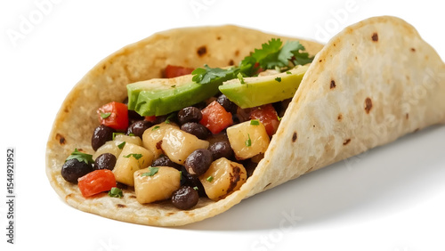 Close-up image showcasing two delicious black bean tacos with tomatoes, avocado, and cilantro toppings. Perfect for food blogs, menus, and social media posts.