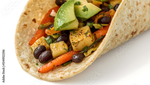 Close-up image showcasing two delicious black bean tacos with tomatoes, avocado, and cilantro toppings. Perfect for food blogs, menus, and social media posts.