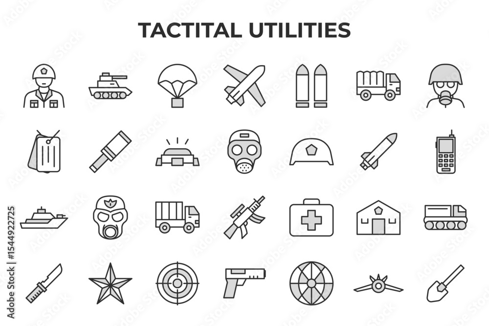 Fototapeta premium Tactical & Military Utilities Vector Icon Set - Editable Line Weight - Soldier, Tank, Parachute, Airplane, Bullets, Truck, Gas Mask, Helmet, Missile, Radio icons