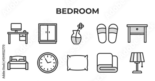 Bedroom & Furniture Utilities Vector Icon Set - Editable Line Weight - Desk, Wardrobe, Vase, Slippers, Nightstand, Bed, Clock, Pillow, Blanket, Lamp icons