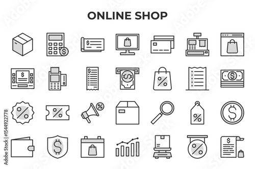 Online Shop & E-commerce Vector Icon Set - Editable Line Weight - Box, Calculator, Check, Monitor, Credit Card, Cash Register, ATM, Receipt, Shopping Bag, Bill icons