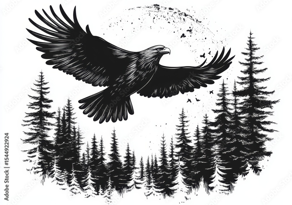 Obraz premium A modern illustration of Wild Nature is depicted through hand-drawn type lettering and silhouettes of a Pine Forest and a Hawk