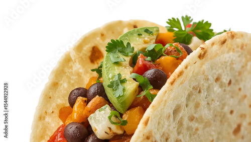 Close-up image showcasing two delicious black bean tacos with tomatoes, avocado, and cilantro toppings. Perfect for food blogs, menus, and social media posts.