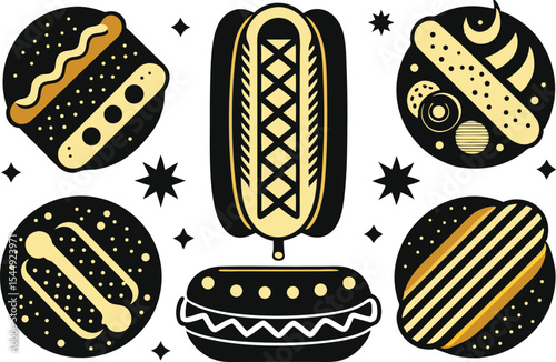 Stylized Hot Dog and Burger Icons in Black and Gold Tones