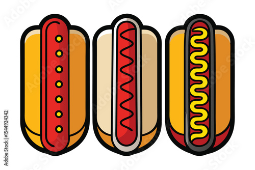 Three stylized hot dogs with different toppings on a white background