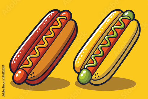 Two Cartoon Hot Dogs with Mustard and Relish on a Yellow Background