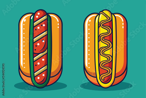 Two Cartoon Hot Dogs with Different Toppings on a Blue Background