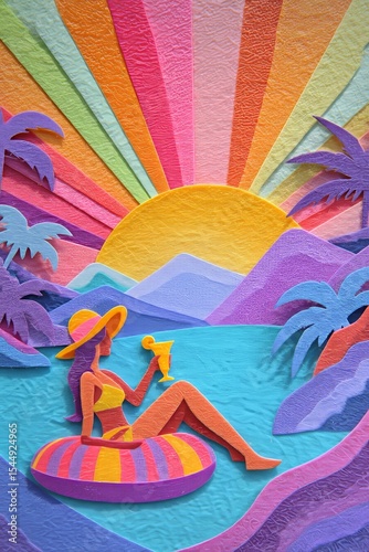 The image features a stylized woman on a float, holding a cocktail, set against a brilliant sunset. Bright colors and playful shapes enhance the tropical vacation vibe.