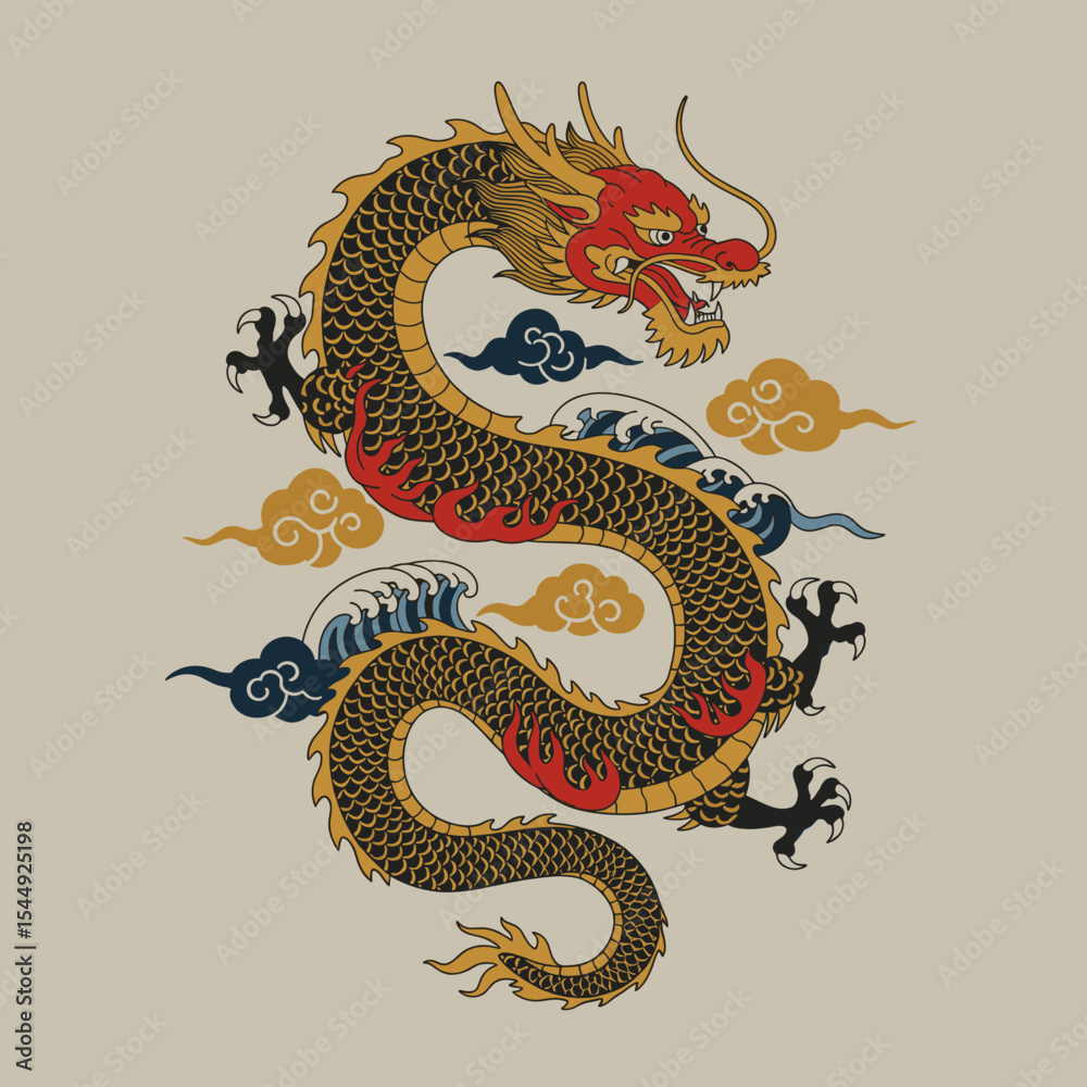 Obraz premium A traditional Asian dragon artwork featuring a fierce, coiled dragon with a golden and black color scheme.