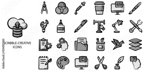 Scribble Creative simple concept 24 hand drawn Grew color icons set .Vector illustration.