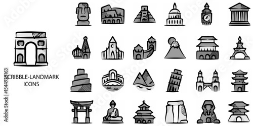 Scribble Landmark simple concept 24 hand drawn Grew color icons set .Vector illustration.