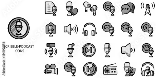 Scribble Podcast simple concept 24 hand drawn Grew color icons set .Vector illustration.