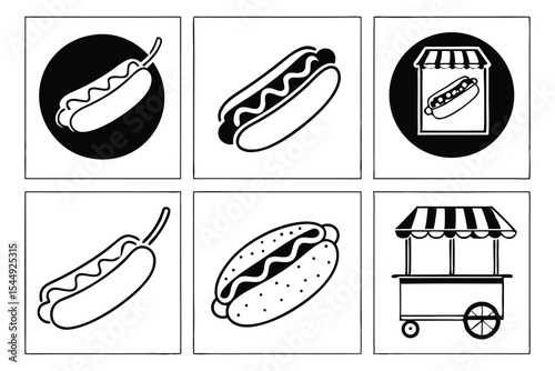 Black and White Hot Dog Icon Set with Food Cart Illustration