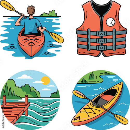 Colorful Kayak and Life Vest Illustrations for Outdoor Recreation