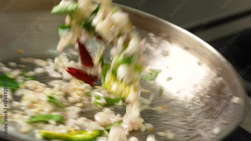 Garlic, curry leaves, and red chilies, getting Sautéed in a pan - South Indian Tadka for curries
