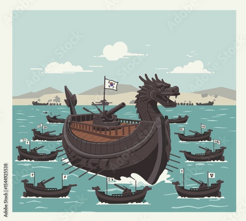 This image features a traditional wooden ship with dragon features, including a dragon head at the prow.