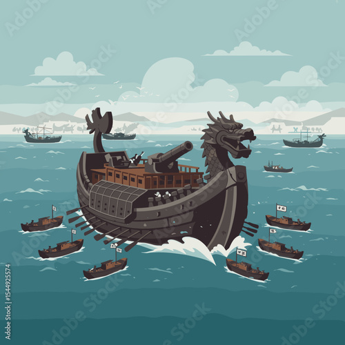 The ship is sailing through waves, with its sails billowing in the wind.