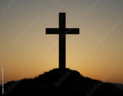 big cross silhouette against dusk gradient, christian cross at sunset sky, religious cross silhouette during twilight