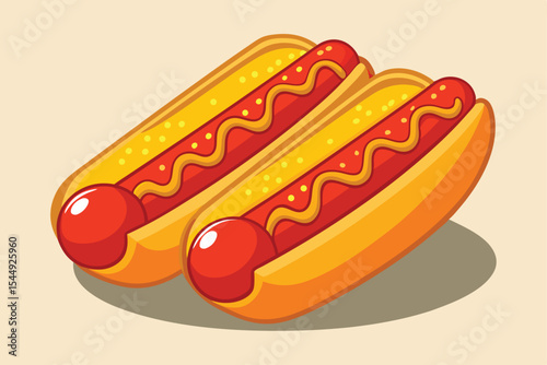 Two Cartoon Hot Dogs with Mustard on a Light Background