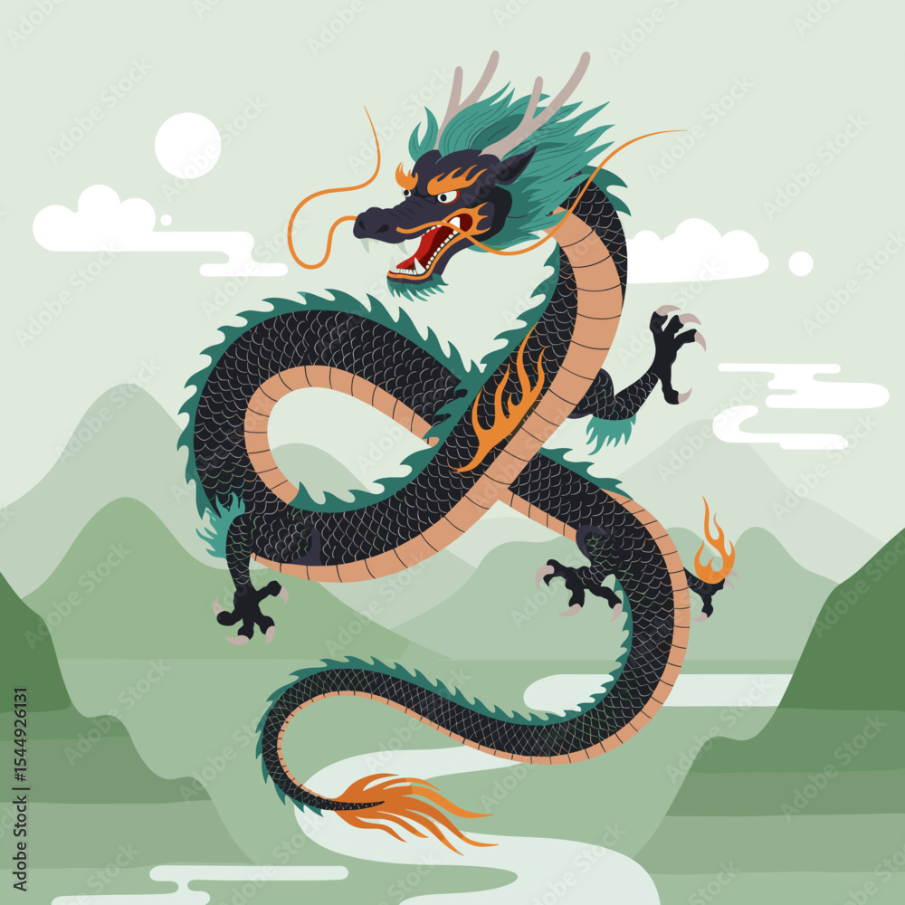 Fototapeta premium A traditional Asian dragon artwork featuring a fierce, coiled dragon with a golden and black color scheme. Flames and clouds surround the dragon, enhancing its mythical aura.