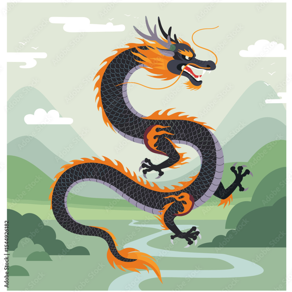 Obraz premium A traditional Asian dragon artwork that is fierce and coiled.