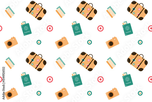 Seamless travel  pattern with transparent background. Ornament with travel accessories.Summer holiday concept. Suitcase, passport, camera, tickets. Flat cartoon design.Vector illustration