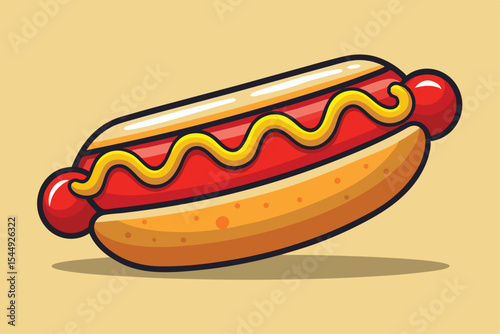 Cartoon Hot Dog with Mustard on a Beige Background Illustration