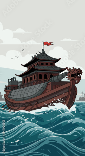 A traditional wooden dragon ship sailing through ocean waves, with large sails billowing in the wind.