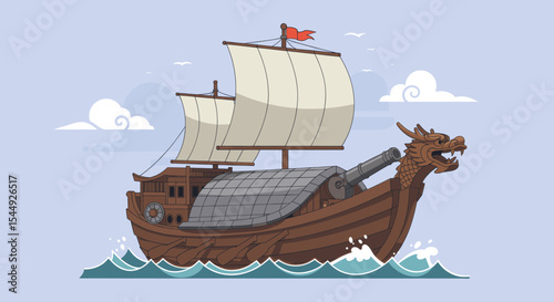 A traditional wooden dragon ship sailing through ocean waves, with large sails billowing in the wind.