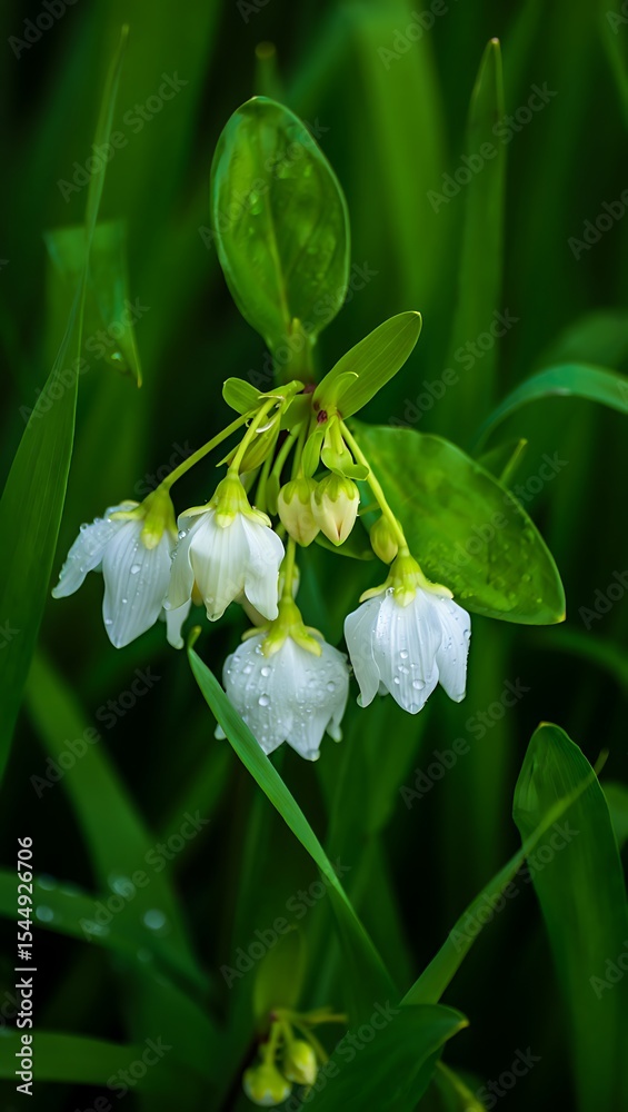 Obraz premium Close-up of delicate white flowers with dew drops, nestled amongst lush green foliage in a natural setting.