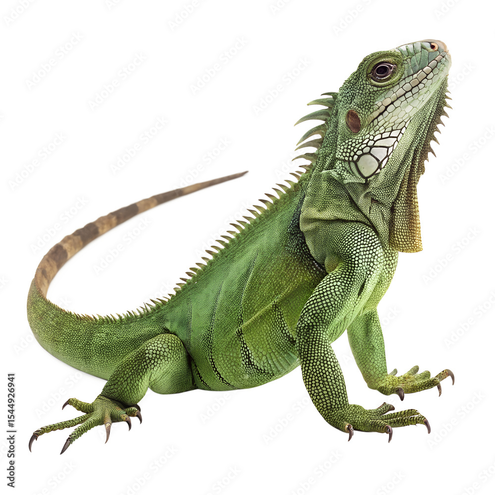 Fototapeta premium A green iguana stands on a black background. The reptile has a long tail, spiky crest, and distinct facial features. It is a common pet and native to tropical regions.