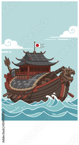 A traditional wooden dragon ship sailing through ocean waves, with large sails billowing in the wind.
