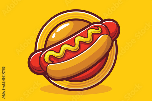 Stylized Hot Dog Illustration with Mustard on a Yellow Background