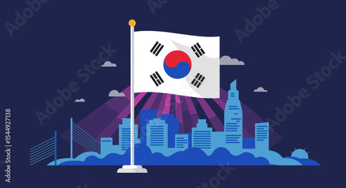 The flag symbolizes national pride, while the modern city represents South Korea’s urban development.