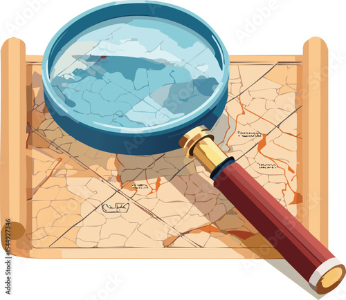 A vintage magnifying glass with a brass handle resting on a faded map, showing intricate cartographic details. The glass distorts the map beneath it, creating a sense of discovery and nostalgia