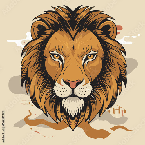 A stylized lion sculpture representing power and strength. The lion features intricate details in its mane and fierce expression.