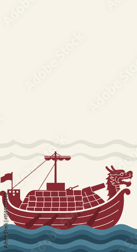 A traditional wooden dragon ship sailing through ocean waves, with large sails billowing in the wind.