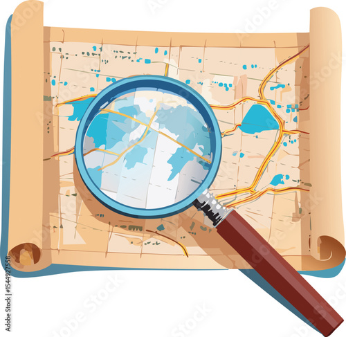 A vintage magnifying glass with a brass handle resting on a faded map, showing intricate cartographic details. The glass distorts the map beneath it, creating a sense of discovery and nostalgia