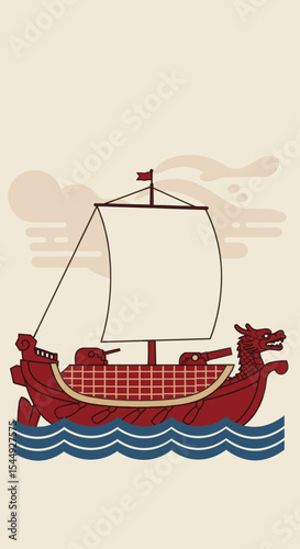 A traditional wooden dragon ship sailing through ocean waves, with large sails billowing in the wind.