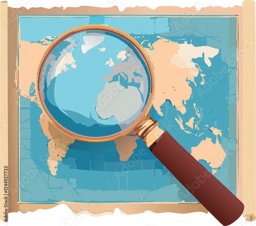 A vintage magnifying glass with a brass handle resting on a faded map, showing intricate cartographic details. The glass distorts the map beneath it, creating a sense of discovery and nostalgia