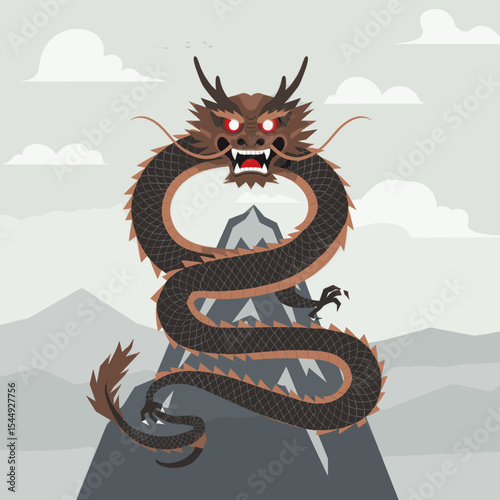 The dragon’s fiery eyes and detailed scales stand out against the grey mountains and soft clouds, creating an imposing and mystical image of strength and dominance.