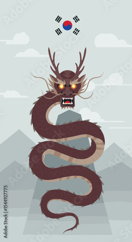 The dragon’s fiery eyes and detailed scales stand out against the grey mountains and soft clouds, creating an imposing and mystical image of strength and dominance.